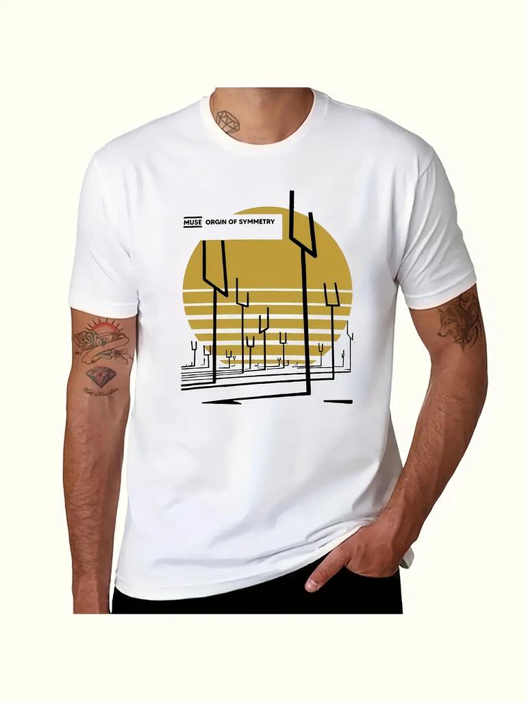 Футболка Muse Merch с принтом «Симметрия Точек и Абстрактное Дерево» - Белая с Черно-Желтым Геометрическим Дизайном, Вдохновленным Логотипом