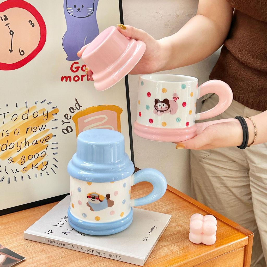Cute Polka Doll Puppy Kettle Cup Ceramic Mug with Lid Spoon Couple Home Coffee Breakfast Cup Souvenir Gift
