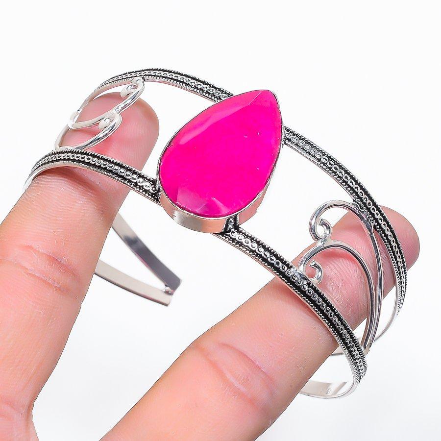 Ruby(Simulated) Gemstone 925 Sterling Silver Cuff Bangle Adjustable G9z65