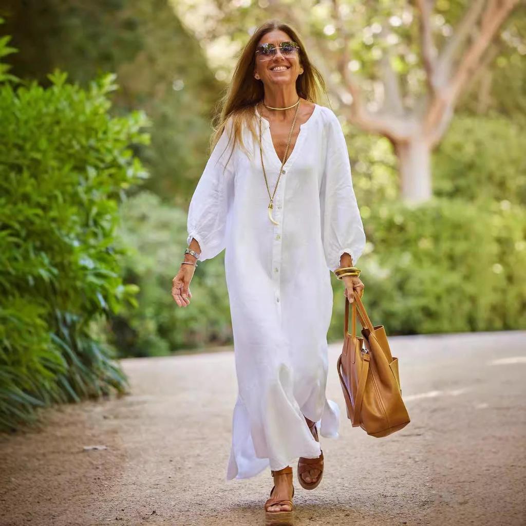 2025 Summer Women's V-neck Cotton Linen Dress: Casual European & American Vacation Style