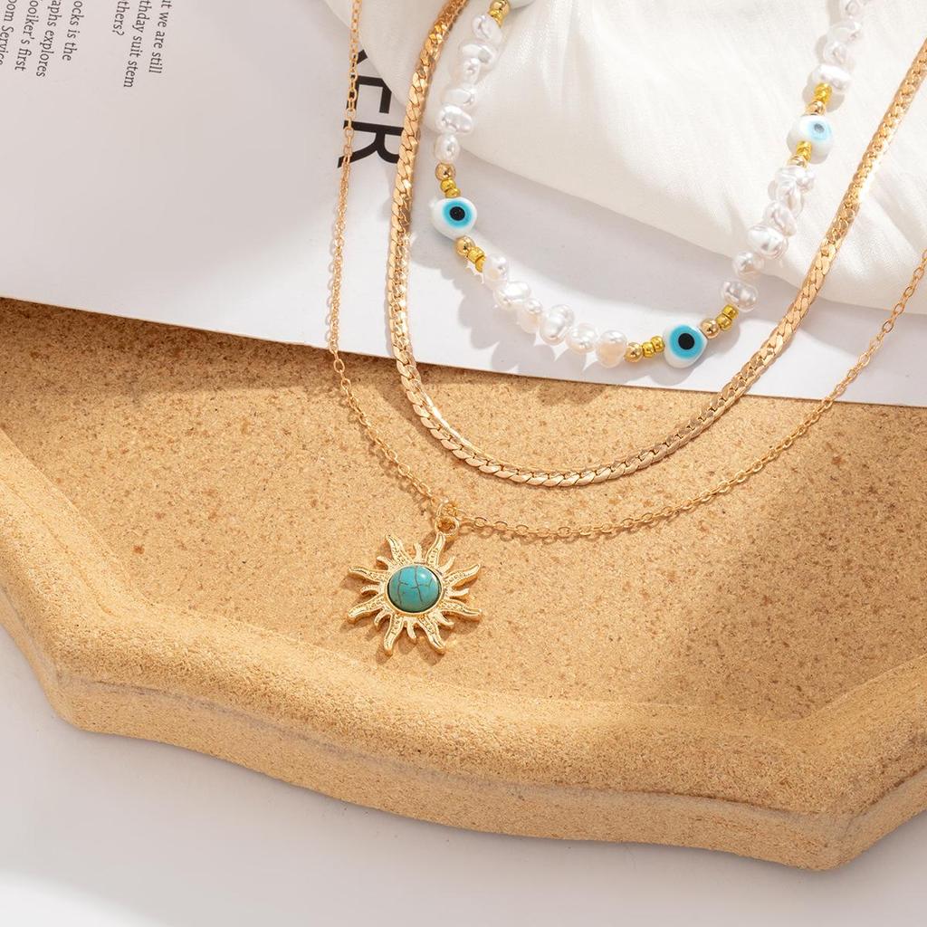 Ожерелье с подвеской в ​​виде подсолнечника и соснового камня, подвеска в стиле ретро, ​​жемчужные глаза, ожерелье из бисера, многослойное ожерелье из змеиной кости