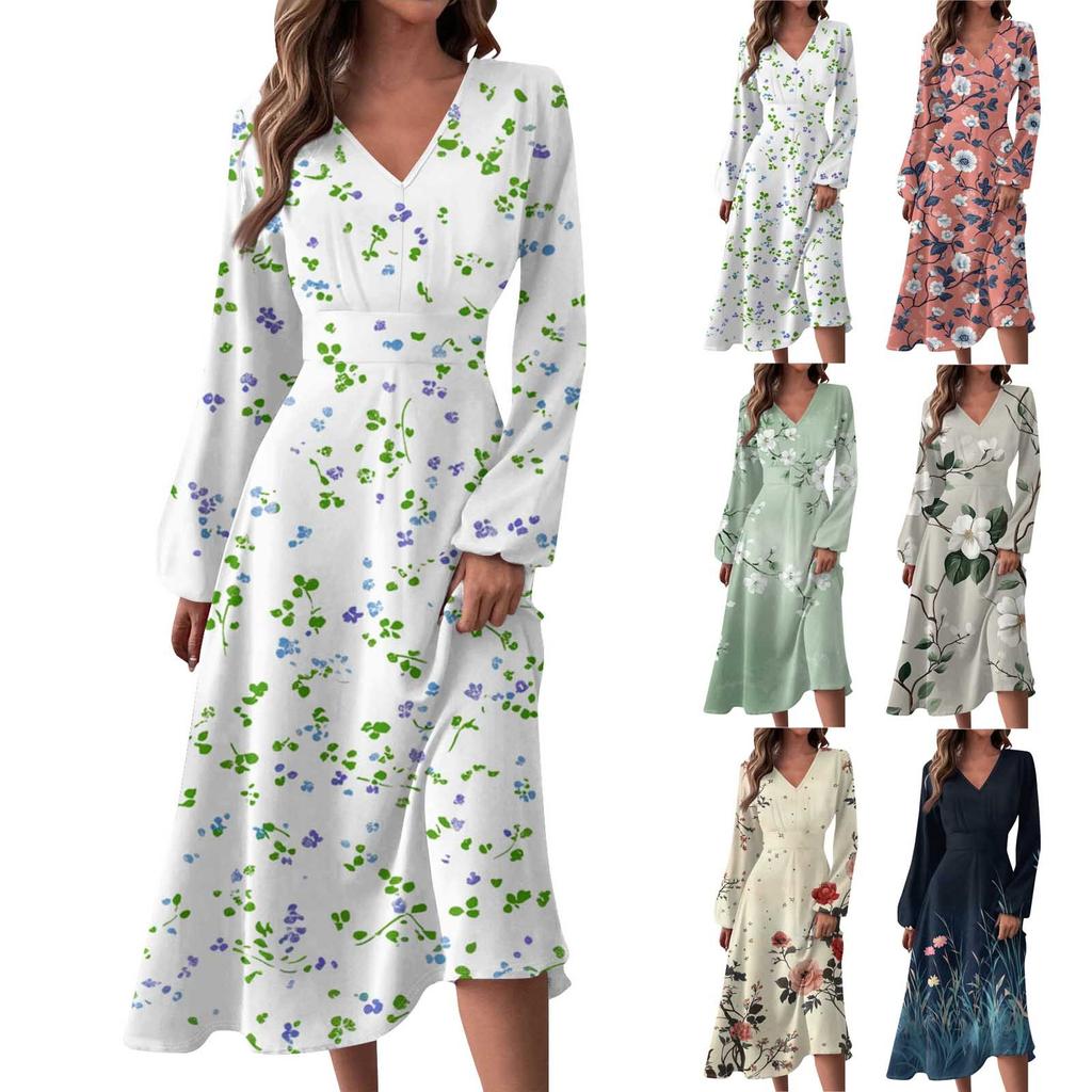 Women's Casual Fashion V-Neck Long Sleeve Floral Print Long Dress