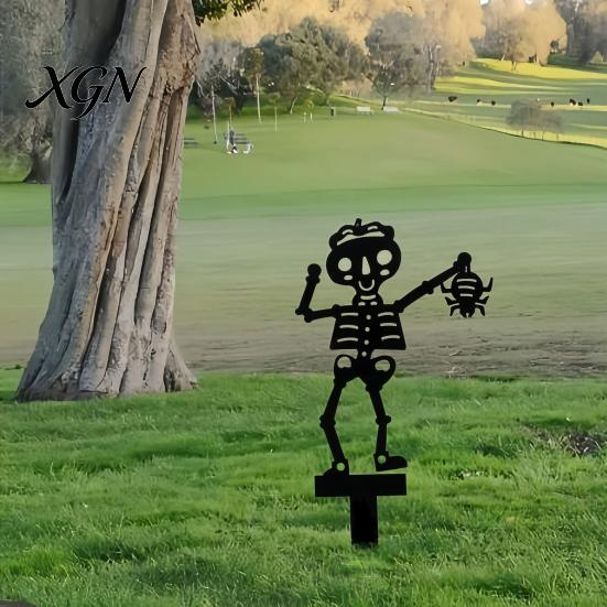 Outdoor Skeleton Lawn Decorations Halloween Garden Stake, Metal with Bat Spider Yard Art Spooky Accents Black Silhouette Decoration for Flower