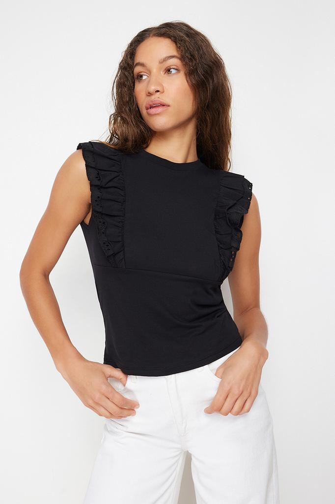 Women's Fashion New Blouse Black Embroidery Detailed Knitted Blouse