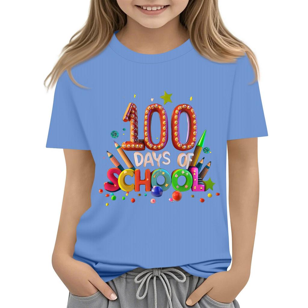 Happy 100th Day Of School Girls Boys Short Sleeve T Shirts Kids Tops Crewneck Tees