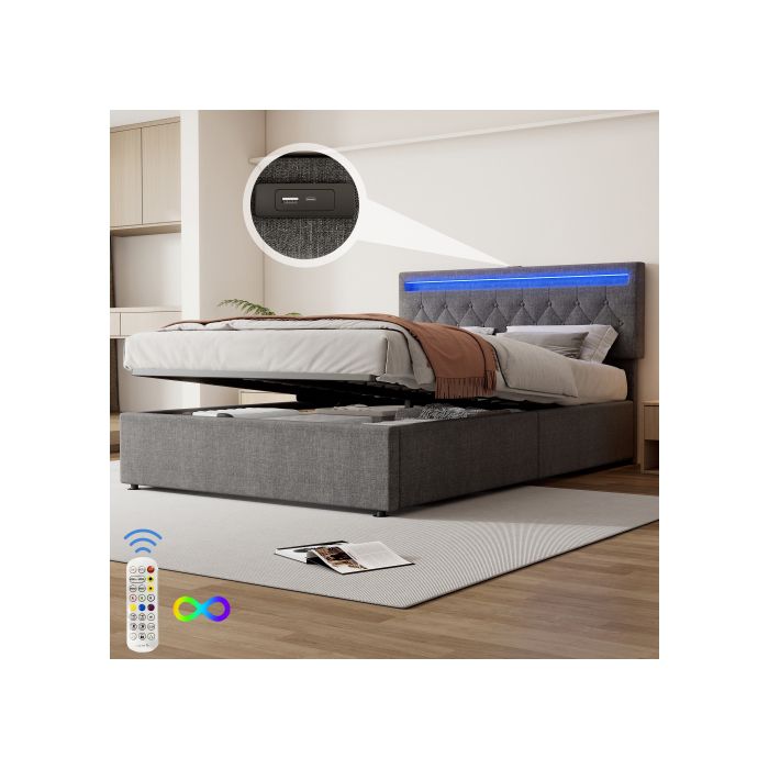 Lit - MUVOE - 140x200cm - Rembourré - Éclairage LED - Rangement sous le lit