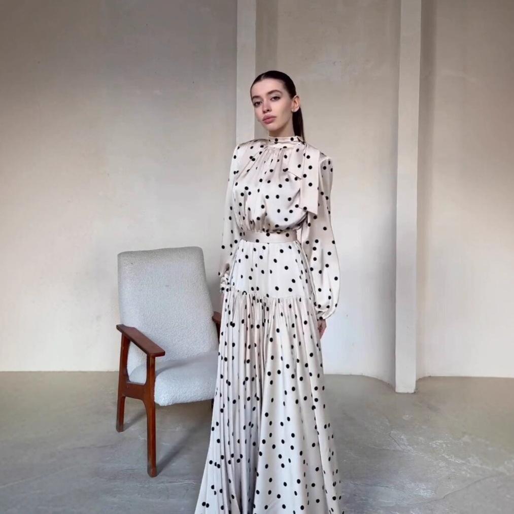 Европейская и американская женская одежда весна новая мода темперамент ретро в горошек рукав-пузырь большое расклешенное платье