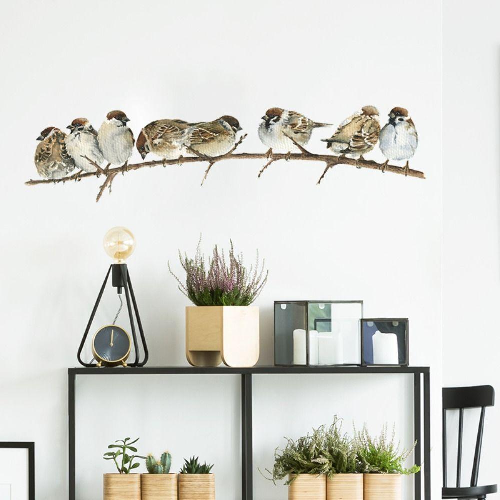 Самоклеящиеся наклейки с изображением птиц в ветке, акварельные воробьи, наклейка для милой гостиной