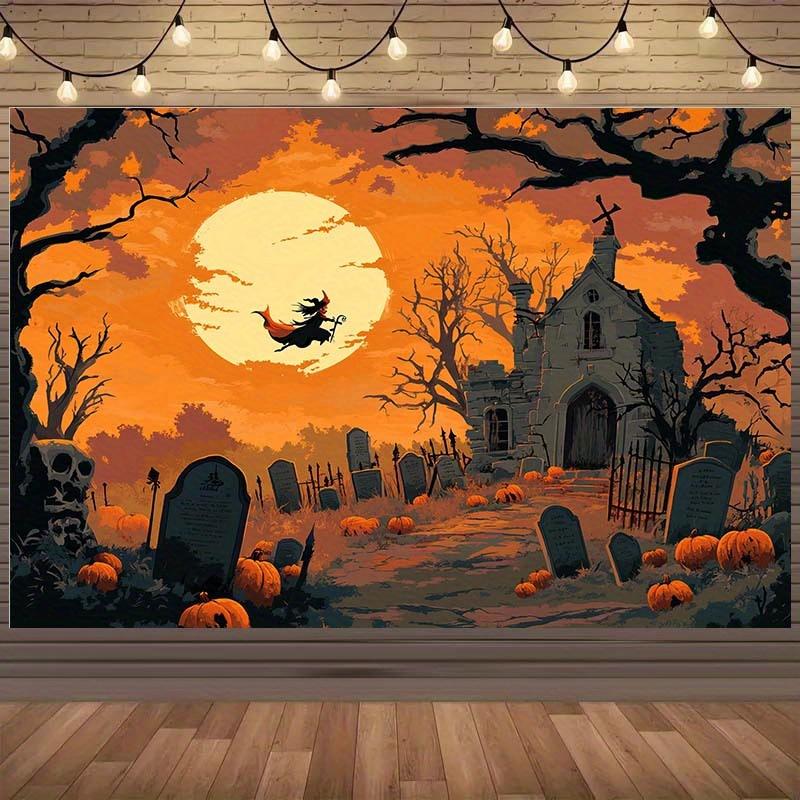 1 Terrifying Halloween Graveyard Scene Background Cloth - Wizard Riding Broom Moonlight Graveyard Carrying Pumpkin and Skull
