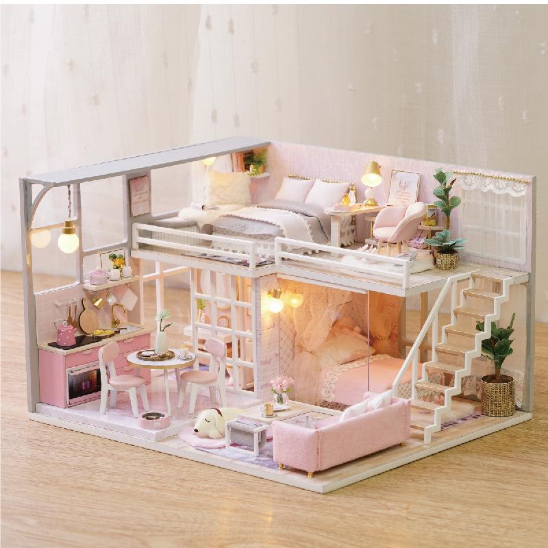 Miniature Pink Dream House Dollhouse With Furniture Kits Wooden Dolls House LED Lights Accessories