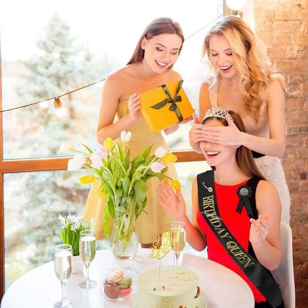 2Pcs/Set Glitter Birthday Tiara Gold Crystal Crown New Birthday Party Crown Sash 18 21 30 40 50th