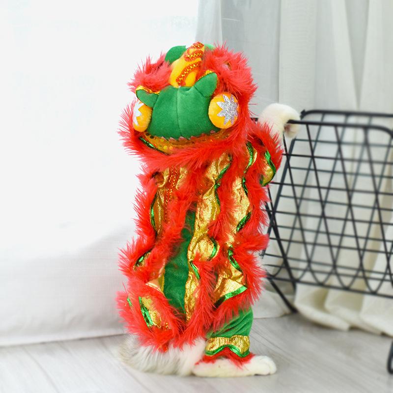 Funny and quirky cat clothes, spring and autumn lion dance dog costume, same style, red festive New Year pet clothing