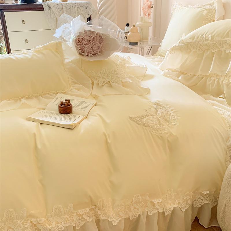 Spring Floral Butterfly Lace Duvet Cover Set - 4 Piece