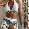Fashion Women's High Waist Boxer Print Solid Color Patchwork Swimsuit Bikini
