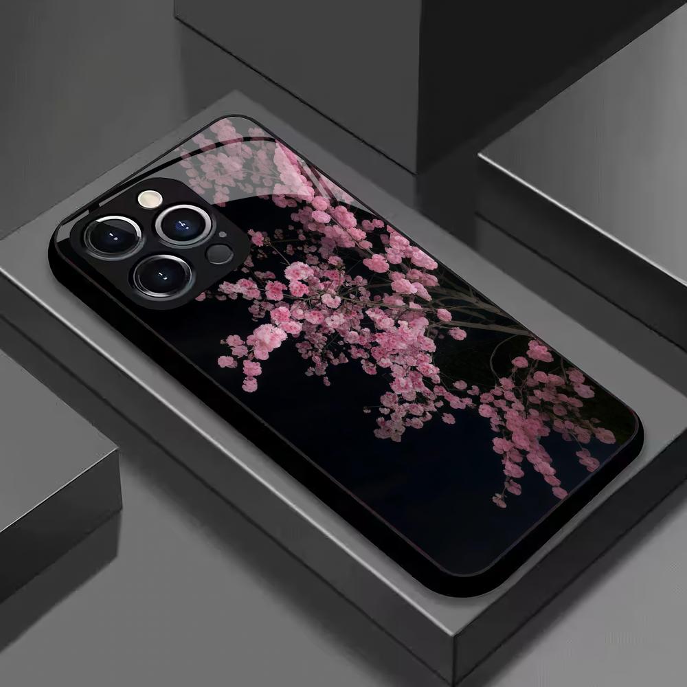 Закаленное стекло для телефона с рисунком цветущей вишни, подходит для iPhone 17 16 15 14 13 12 11 Pro/Max/Plus, противоударная задняя крышка