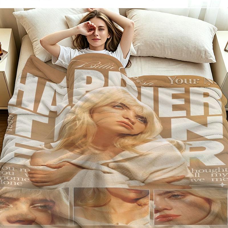 1PC Billie Eilish Custom Name Patterned Flannel Blanket Suitable For All Seasons for Home Decor Warmth and Comfort Gifts Holiday Present