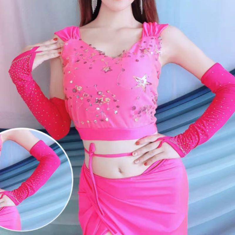 Sexy Lace Gloves Latin Stage Dance Stage Performance Arm Sleeves Female Mesh Flash Drilling Rhinestone Half Finger Gloves S155