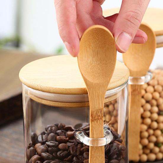 Glass Sealed Jar Transparent Glass Canister with Spoon Wooden Lid Food Storage Jar for Coffee Beans Spice Kitchen Supplies