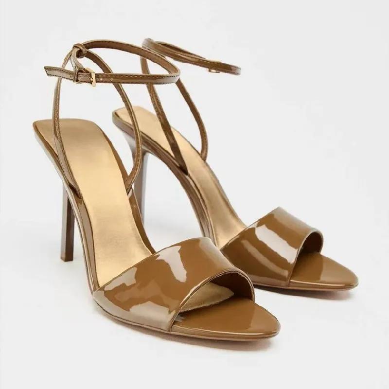 Fashion Brown Patent Leather Heeled Sandal Women Fashion Pointed Toe Ankle Buckle Brand Designer Shoe Summer Sexy Open Toe Zapatos Mujer