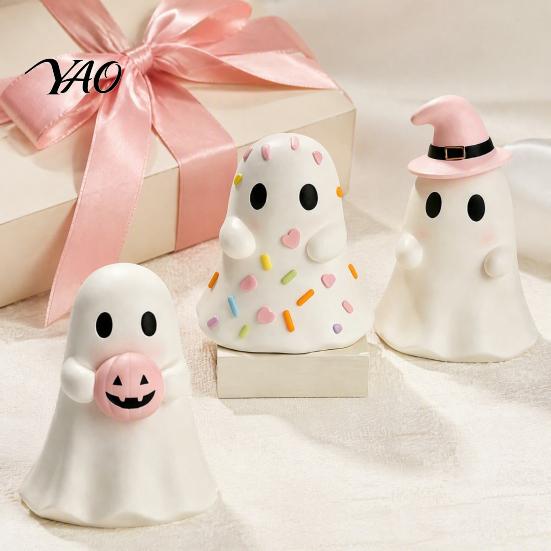 Cute Ceramic Ghost Statue Halloween Figurine, Resin Spooky Statue, Funny Creepy Tiered Tray Decor Items Tabletop Ornament for Home Shelf Party