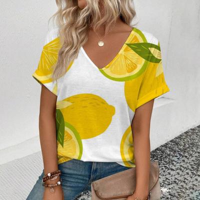 Летняя женская футболка с V-образным вырезом, футболка с принтом фруктов, модная повседневная женская футболка с коротким рукавом, большого размера, удобная футболка