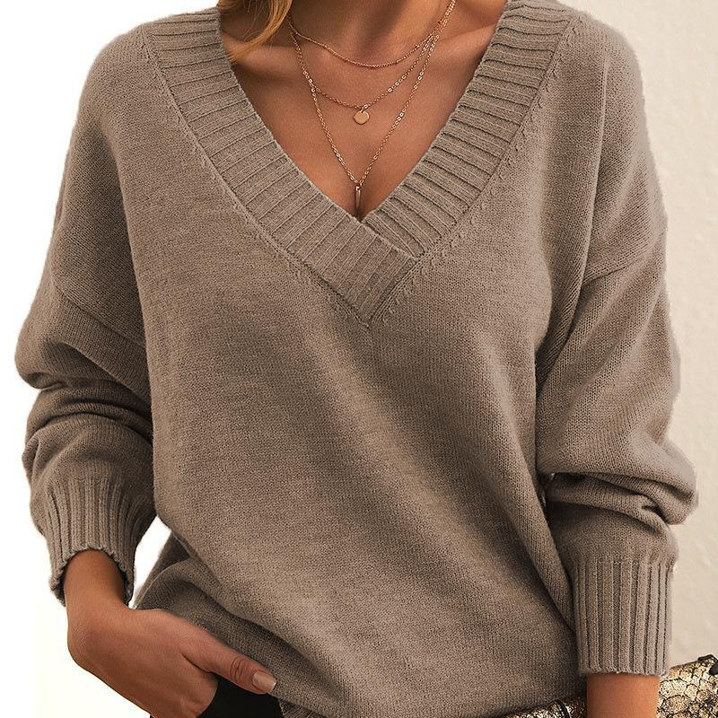 Women's Fashion Casual Solid Color Print Autumn Winter Long Sleeve V-Neck Loose Sweaters