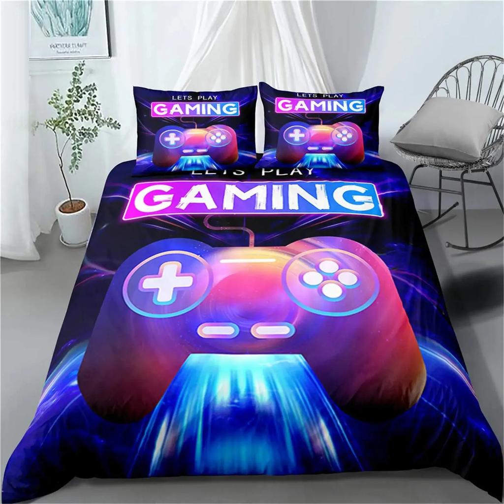 Gamer Duvet Cover Set Rotating Music Comforter Cover Gamepad Gaming Bedding Set for Boys Headphone Bedspreads Cover Queen Size
