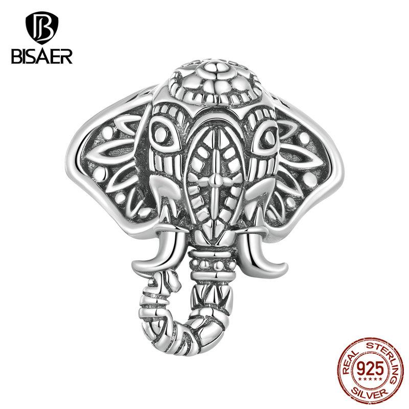 Bisaer Стерлингового Серебра 925 Слон Бог Очарование Винтажный Узор Подвеска Подходит Для Женщин DIY Браслет Ожерелье Ювелирные Изделия