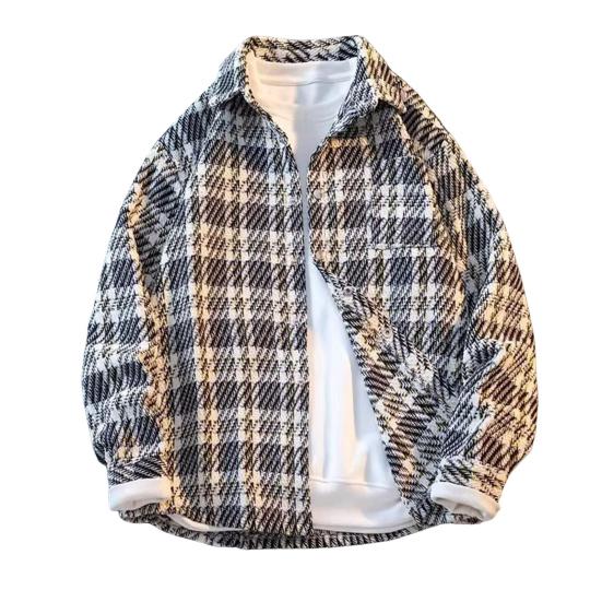 Мужская шерстяная куртка с лацканами, длинный рукав, клетчатый узор, однобортное пальто с нагрудным карманом, свободный крой, куртка, пальто