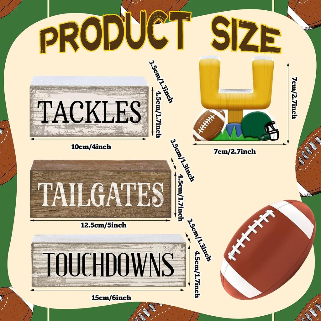 4Pcs Football Table Decorations Football Tiered Tray Decor Sport Game Centerpiece Sign Decorative Rugby Stack Block Gift for Fans Club Tailgate