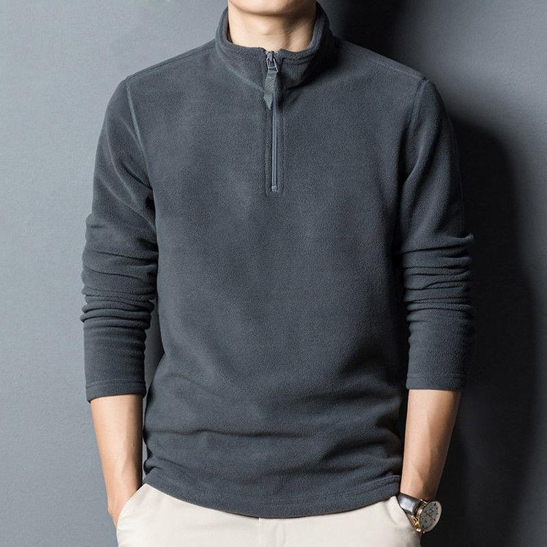 Men Sweatshirt Long Sleeve Zipper Stand Collar Pullover Polar Fleece Neck Mid Length Men