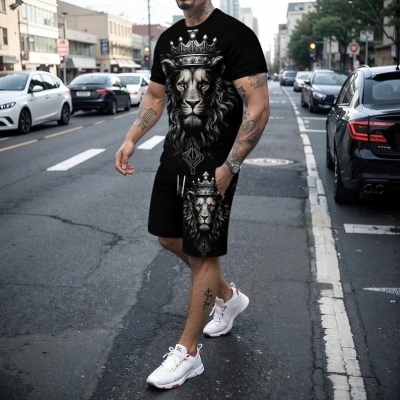 Summer 3d Tiger Lion Print Men's Round Neck Short Sleeved T-Shirt Shorts Set 2-Piece High-Quality Casual Street Sports Set