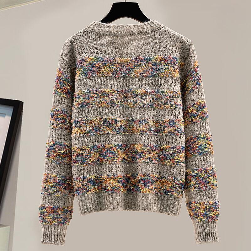 Женский полосатый свитер из смесовой шерсти с круглым вырезом и ажурной вязкой