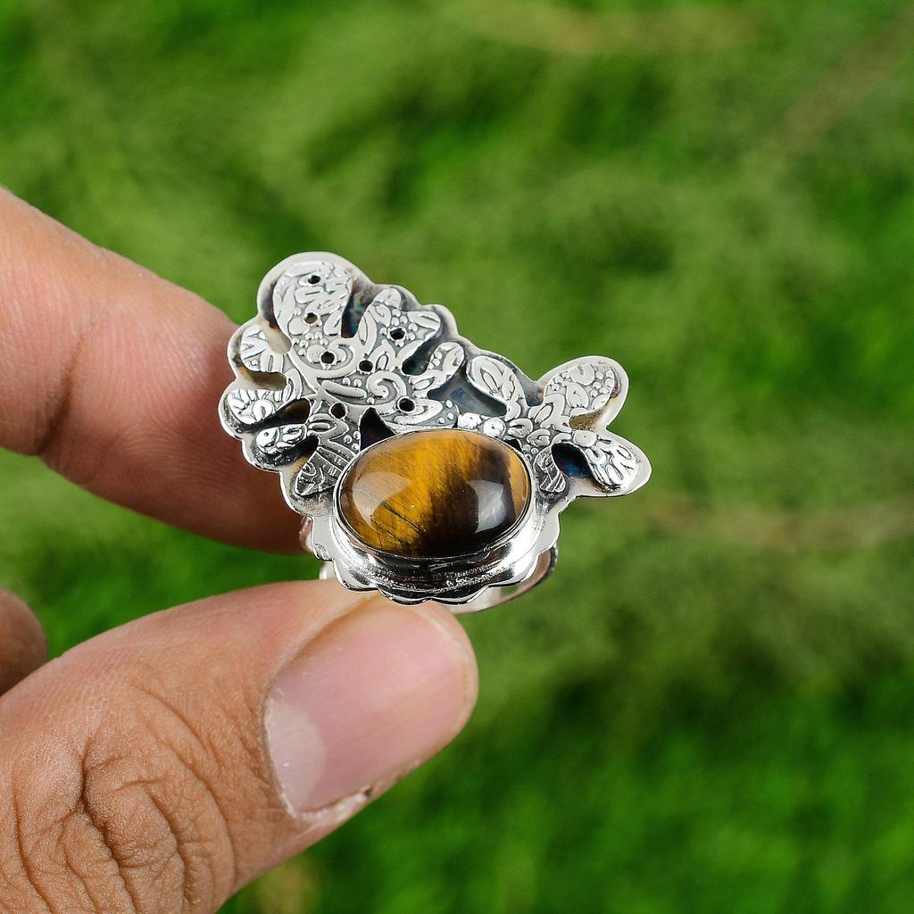 Gift For Her 925 Silver Natural TigerS Eye Gemstone Solitaire Adjustable Ring