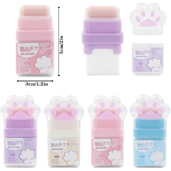 4Pcs Cat Paw Roller Eraser, Colorful Cute Cat Rubber, Kids Eraser with Shaving Roller Case for School Office Supply Stationery, 70 x 31 x 15mm