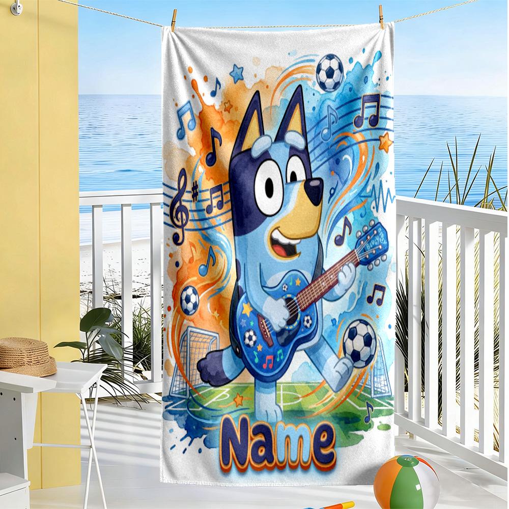 Soccer Fun Blue Customized Name Beach Towel Quick-Dry Soft Microfiber