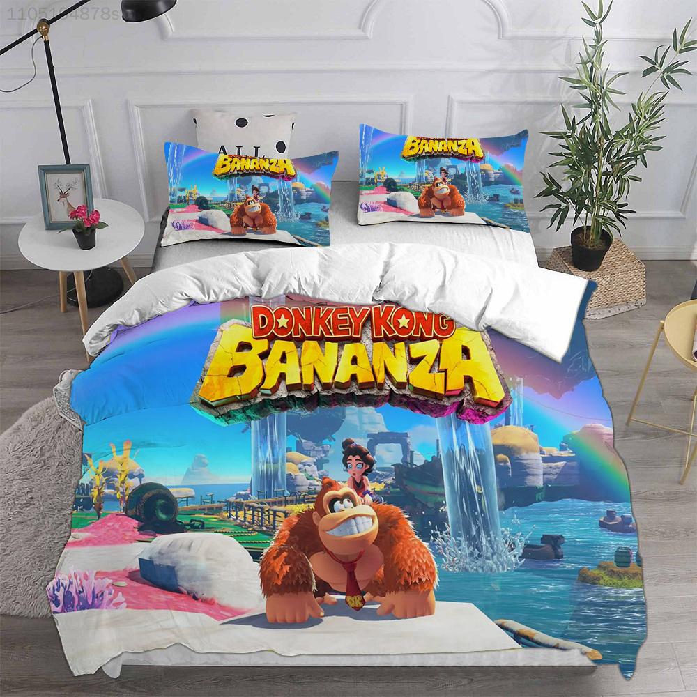 D-Donkey K-Kong B-Bananza Bedding Sets Single/Twin/Double Size Duvet Cover Set 2/3 Pieces Sets Gifts for Gamer Kids Adult Size