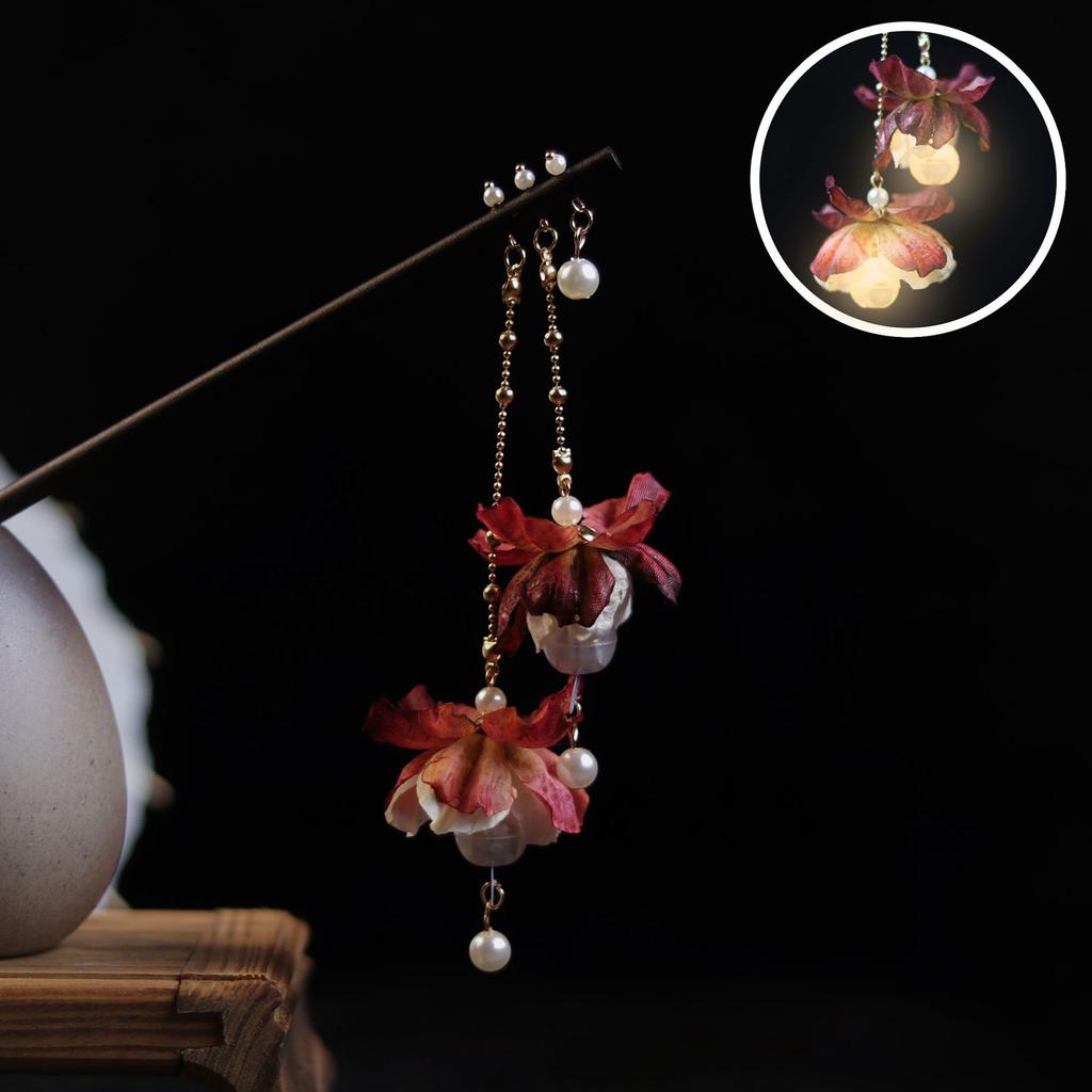 Ретро китайская заколка для волос с подвеской в виде цветка и светодиодной подсветкой, блестящие цветочные палочки-шпильки для волос, деревянные головные украшения для женщин, ювелирные украшения для волос