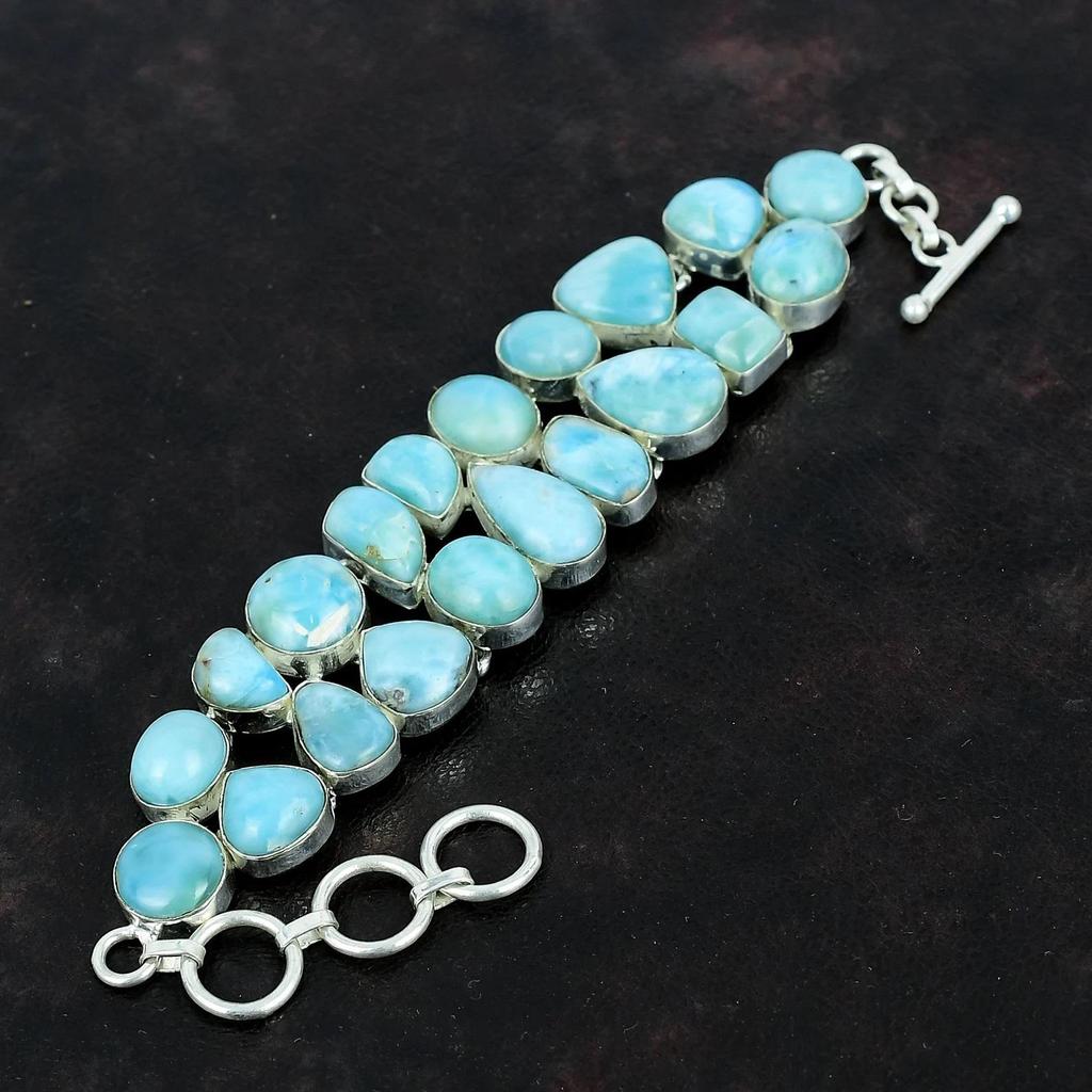 Solid 925 Sterling Silver Larimar Gemstone Silver Bracelet Gemstone Natural Larimar Bracelet