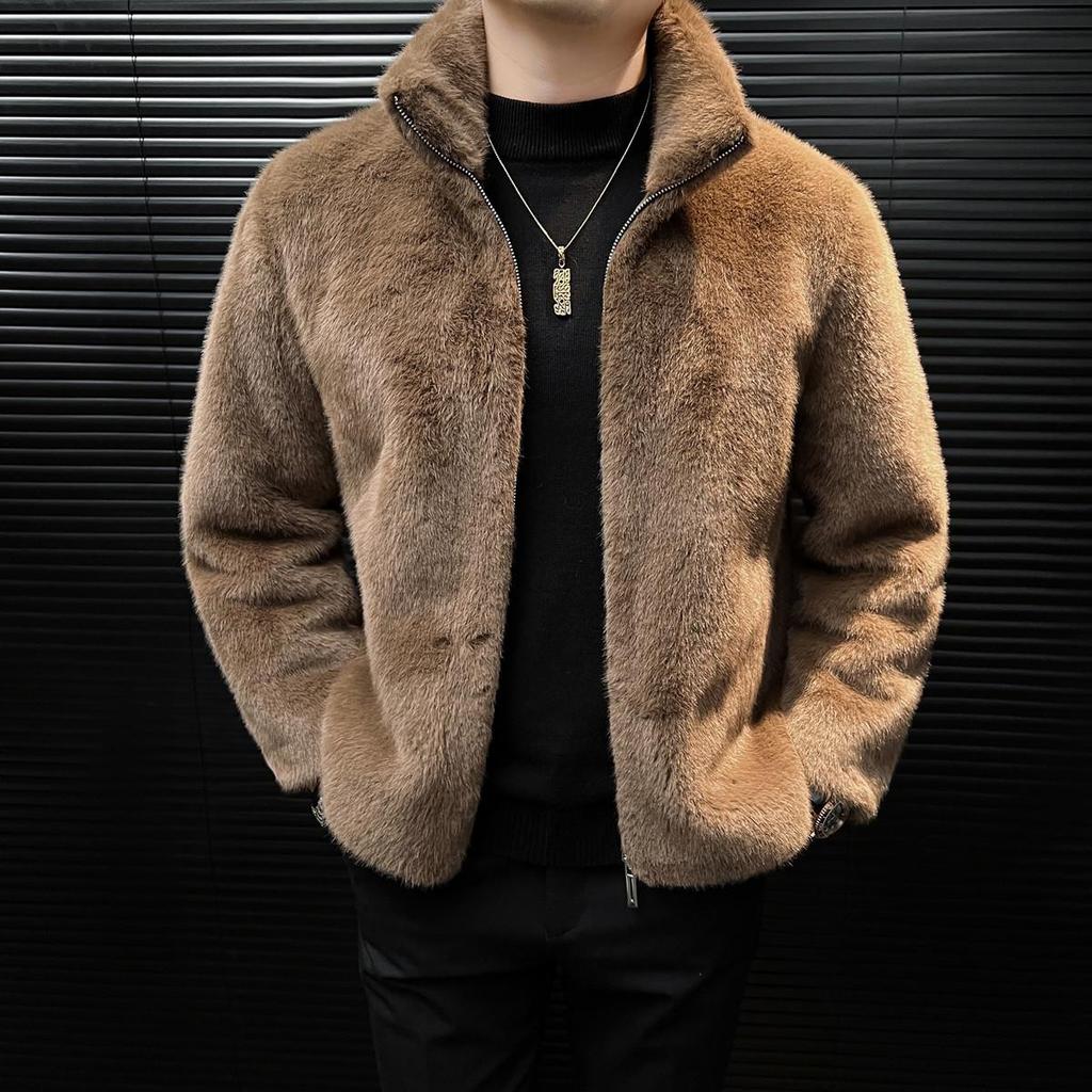 Мужской высококачественный зимний топ с молнией, воротником-стойкой, из искусственного меха под норку, 2025