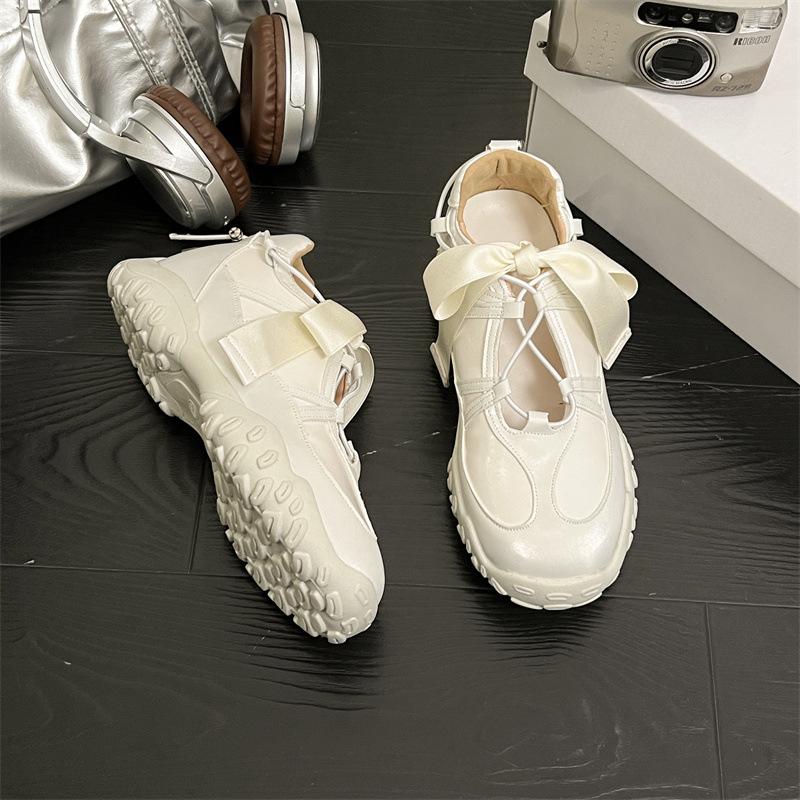 French Inner Heightening Small Heels Sports Ballet Shoes Beautiful Bow Cross Strap Mary Jane Single Shoes Women