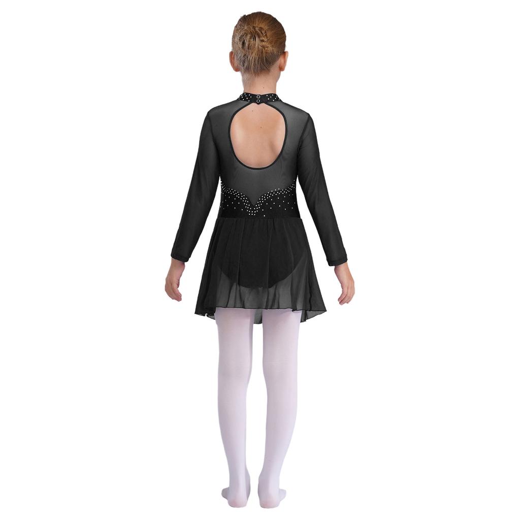 Shiny Rhinestones Dance Leotard for Girls Sheer Mesh Long Sleeves with Keyhole Back Figure Skating Ballet Dress