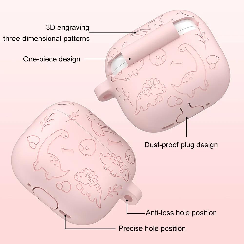 Silicone Case Protector with Carabiner Engraved Flower Dinosaur Case Soft Silicone Skin Protective Case for AirPods 4 Gen (2025)