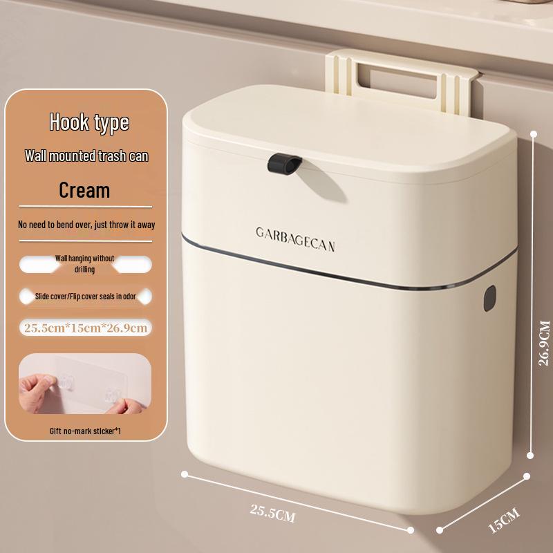 Kitchen Hanging Trash Can, Cream White Wall-Mounted with Lid, No-Marking Sticker, Household Cupboard Waste Basket.