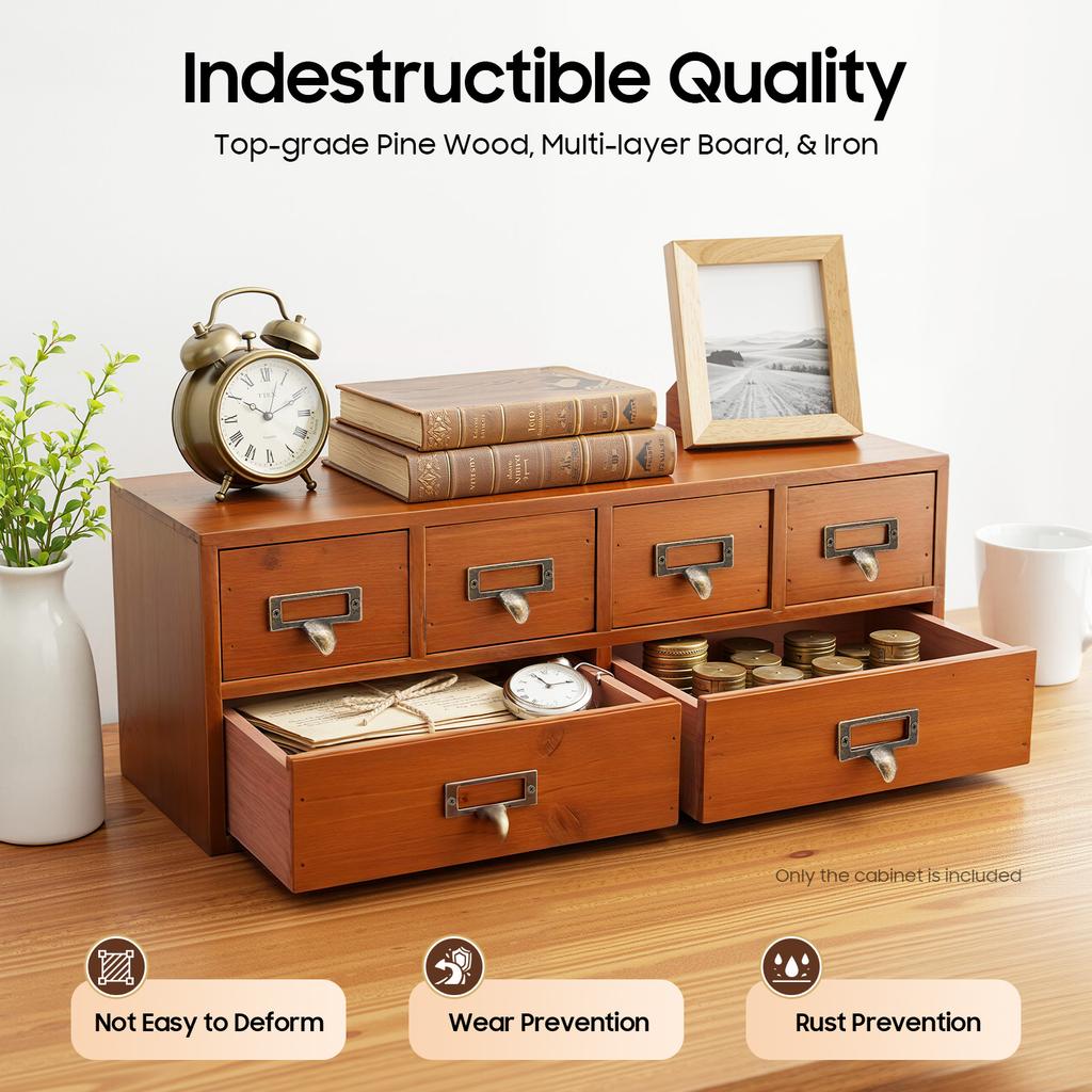 Винтажный 6-ящичный шкаф для хранения, Ретро коричневый деревянный органайзер со слотами для этикеток для офиса, кабинета, спальни, хранения рукоделия и макияжа