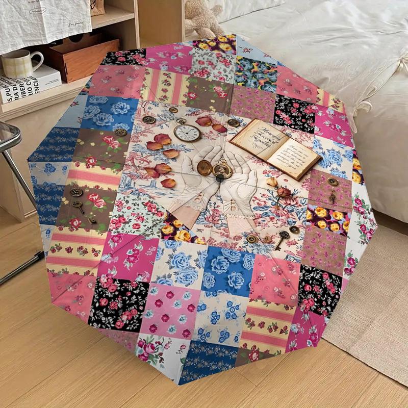 1PC Floral Patterns Vintage Umbrella-8-Rib Reinforced Portable Folding Travel Suitable for All Seasons Outdoor Daily Use Is an Ideal Choice -K0390
