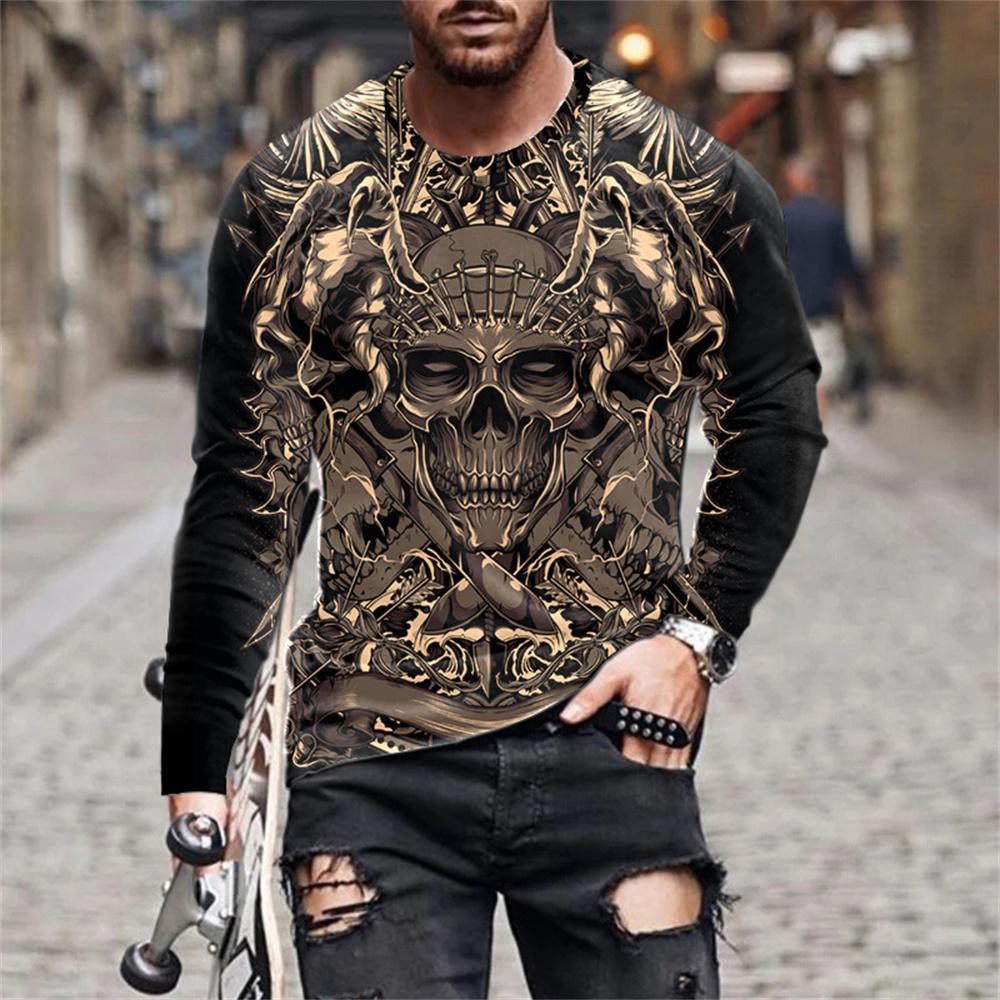 Horror Skull Head Print Graphic T Shirts Fashion New Men's Long Sleeve Round Neck T-shirt Retro Streetwear Y2k Tops