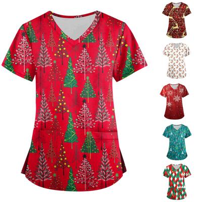 Женская мода с v-образным вырезом, короткими рукавами и карманами, топы с рождественским принтом