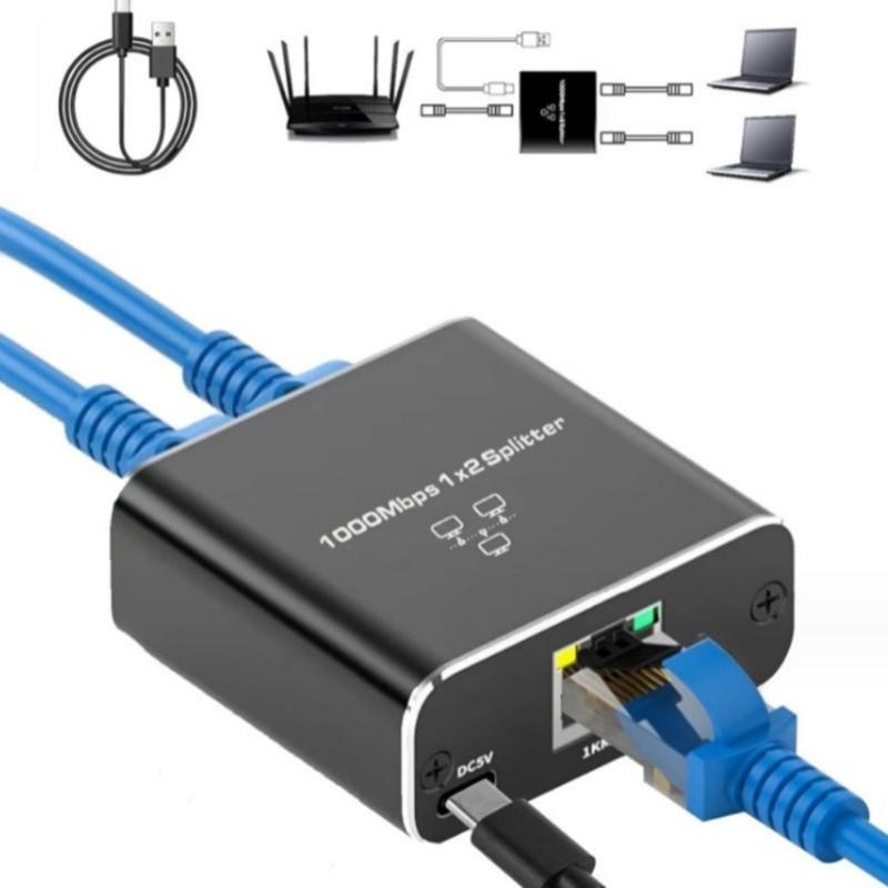 1 to 2 RJ45 Ethernet Splitter Converter with USB Power Cord for Gigabit Networking  Expansion Multiple Device Connection