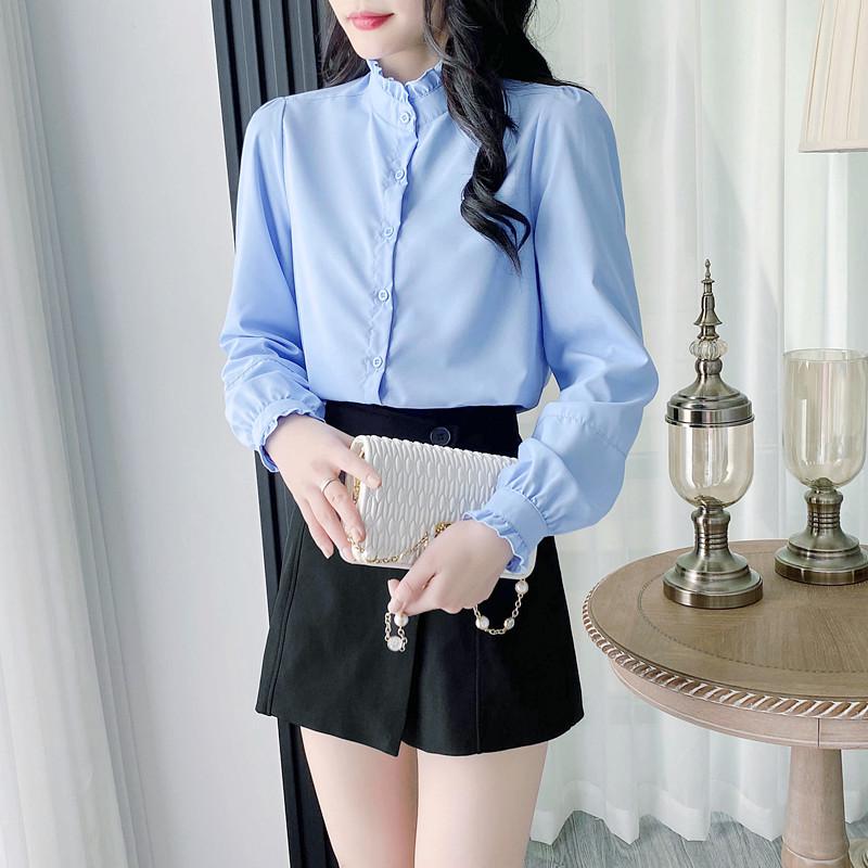 Женская рубашка с французским воротником-стойкой и оборками, с длинными рукавами, 2024